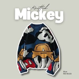 90s Vintage Mickey Mouse Knitted Sweater - Blue